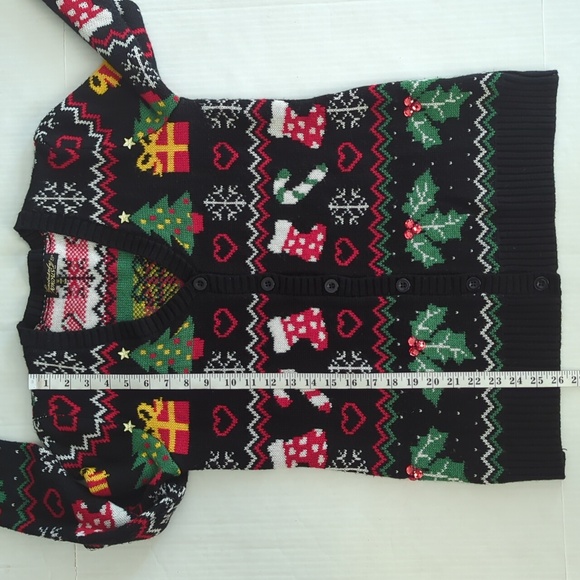 Absolutely Famous Button Up Acrylic Cardigan Christmas Sweater MEDIUM Black Red - Picture 16 of 16